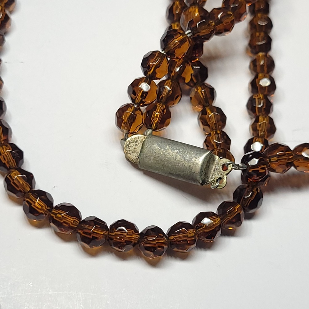 Vintage Amber Brown Glass Bead Necklace Double Strand 18" 6mm Faceted Box Clasp